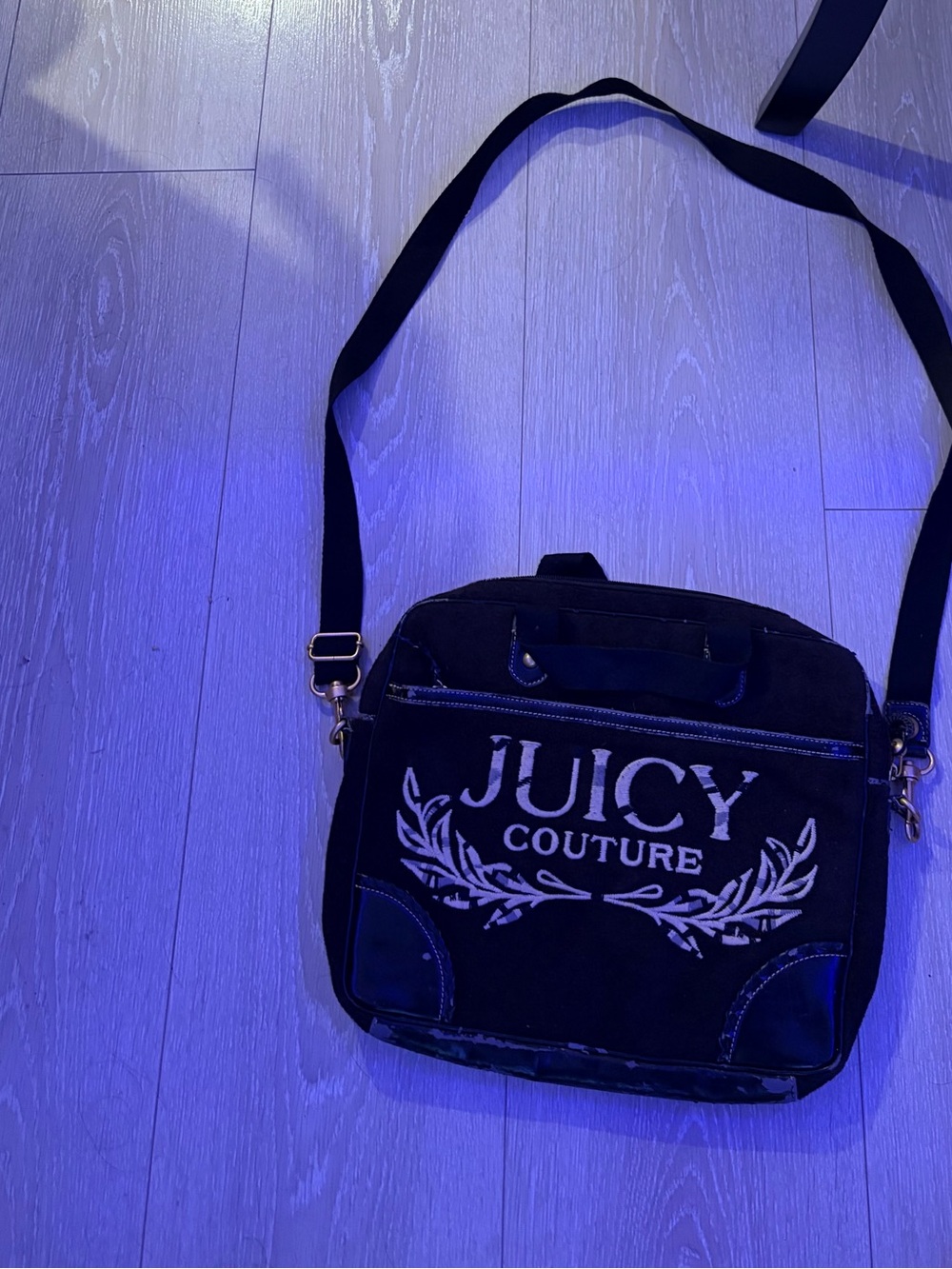 Vintage Juicy Couture Y2K Black Velvour Terrycloth Messenger Bag